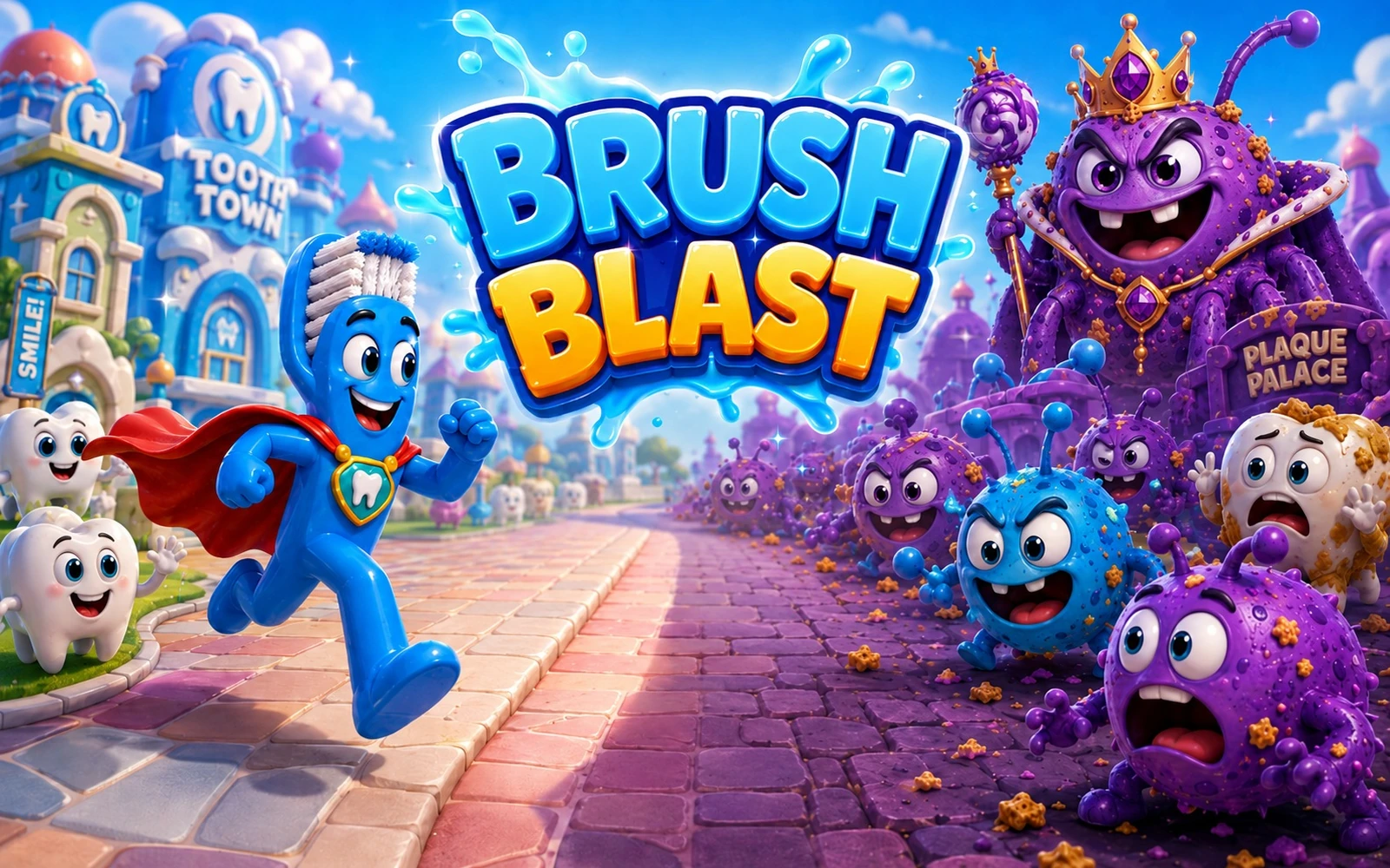 Captain Brush racing through Tooth Town toward King Plaque and the plaque creatures