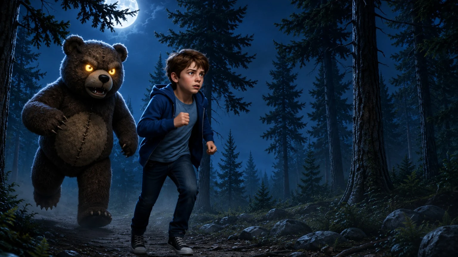 Tim running through a moonlit forest while a stuffed Bear pursues him.