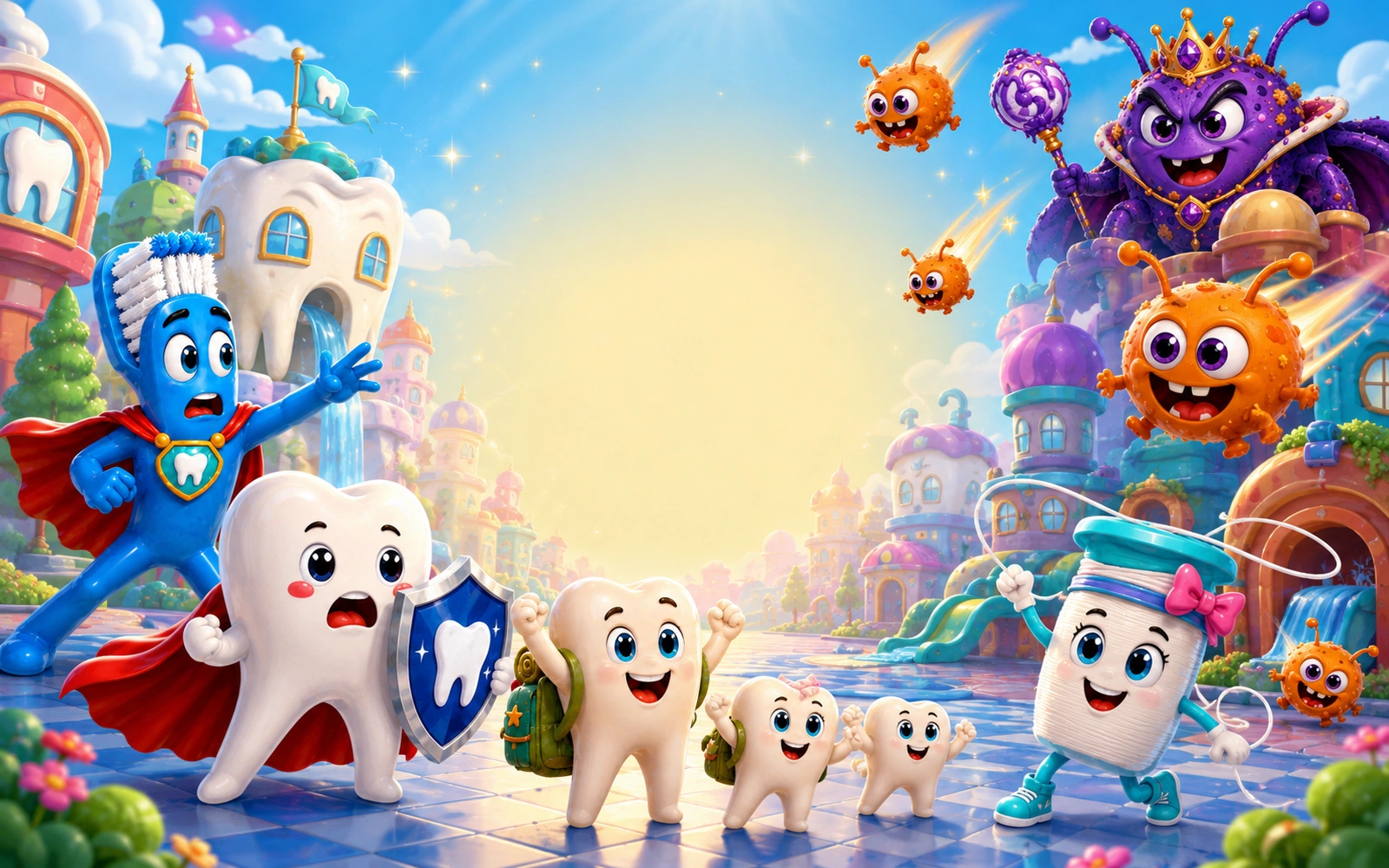 Tooth Town heroes facing colorful sugar bugs and King Cavity