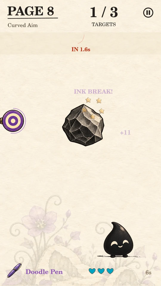Blot on a Story page with a falling boulder, a target, and the Doodle Pen