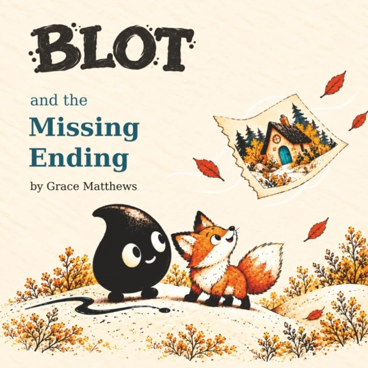 Blot and the Missing Ending by Grace Matthews: Blot and Fox watch a page with Fox’s home drift away