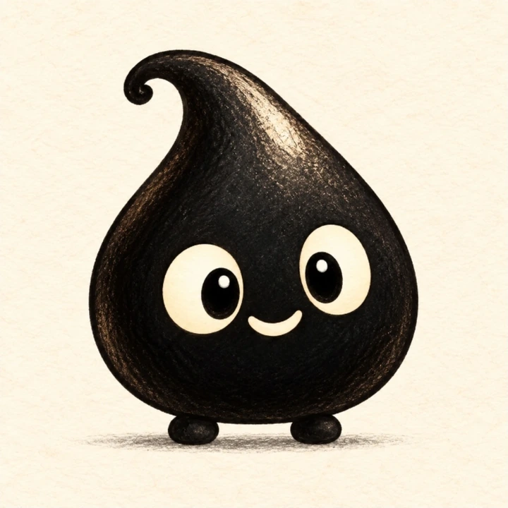 Blot, a smiling drop of black ink with two tiny feet