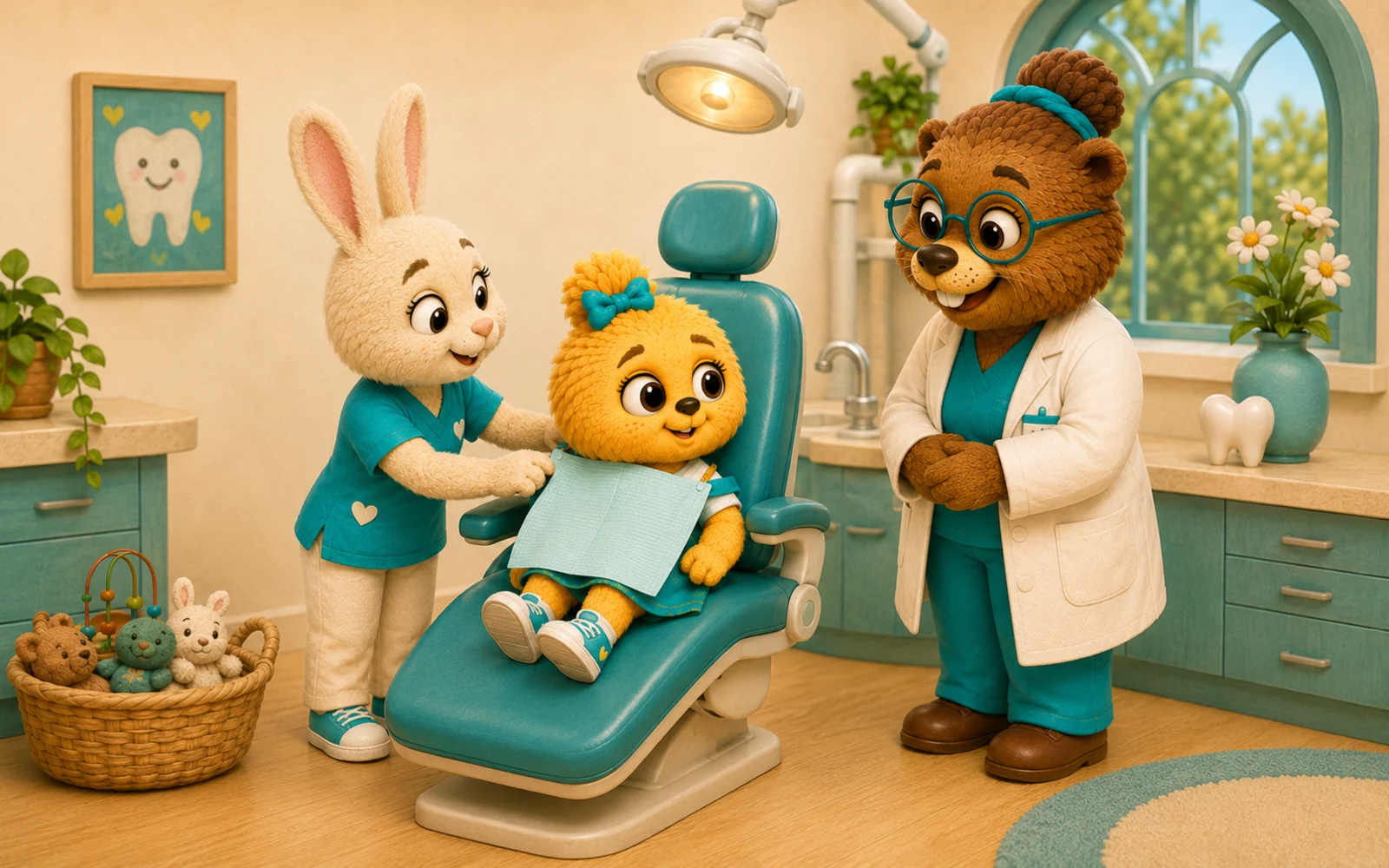 Maisie during step 4 of a first dental visit: Wearing the dental bib