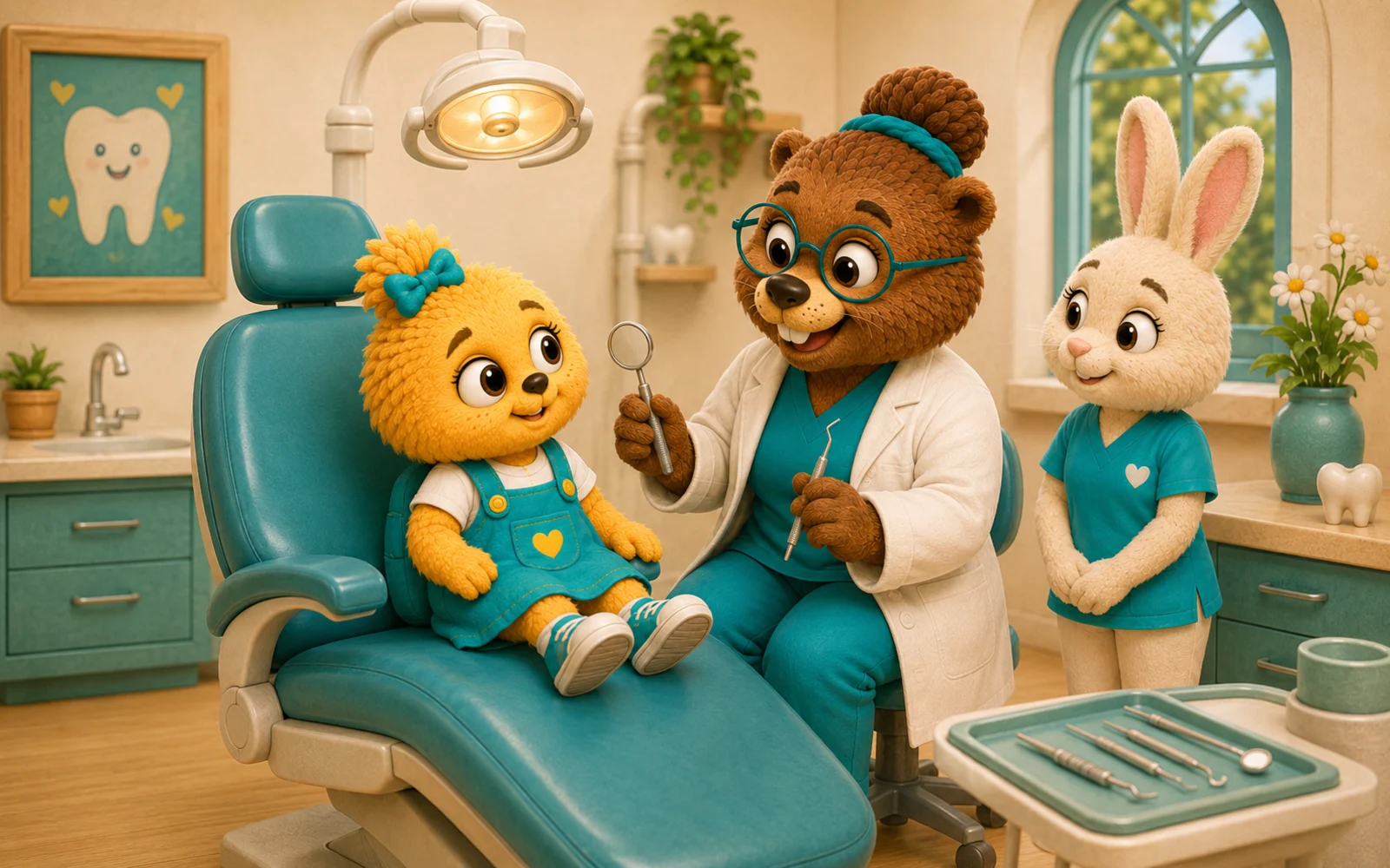 Maisie during step 5 of a first dental visit: Meeting the light and tooth tools