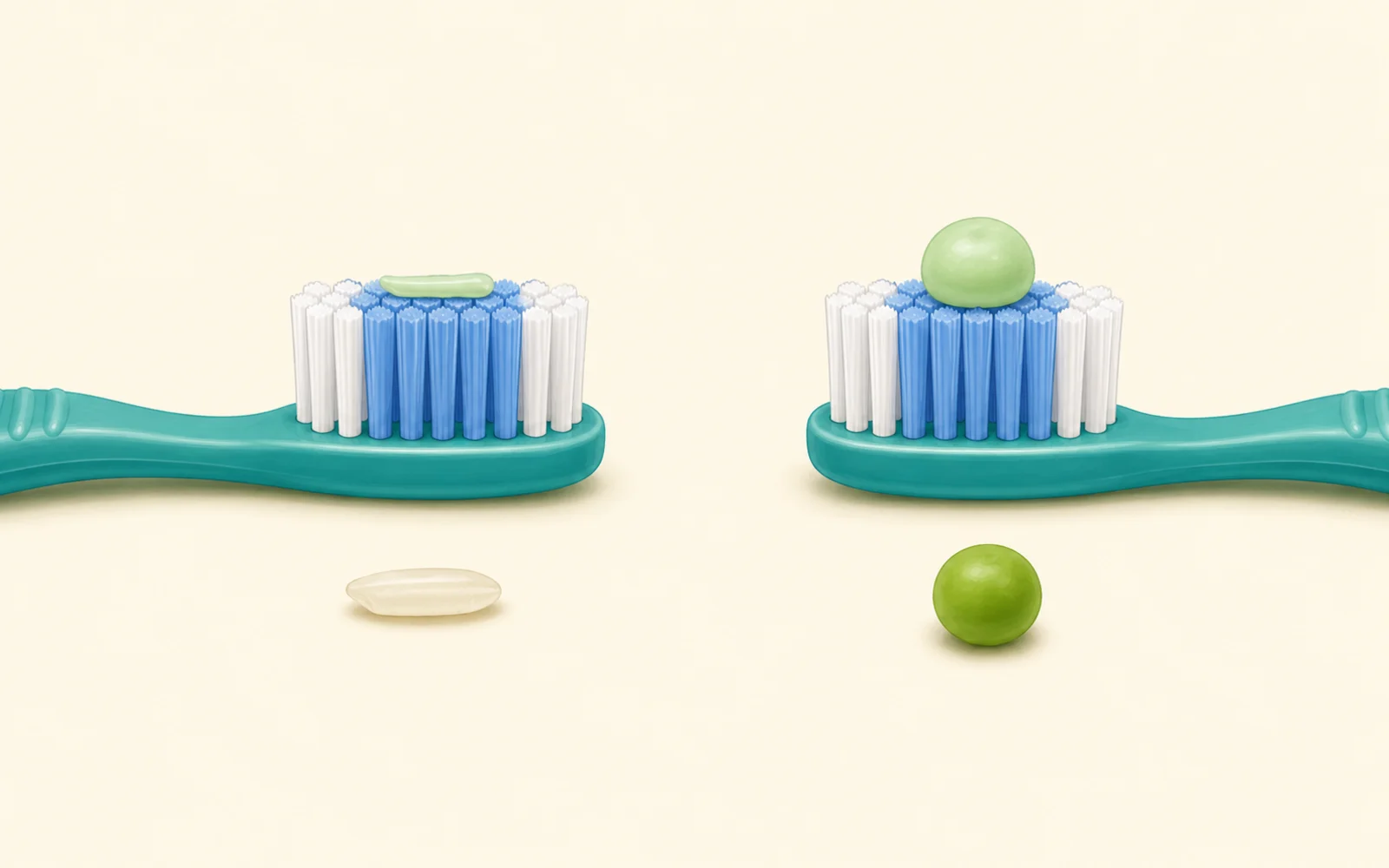 Two toothbrushes showing a rice-grain-sized smear and a pea-sized amount of toothpaste