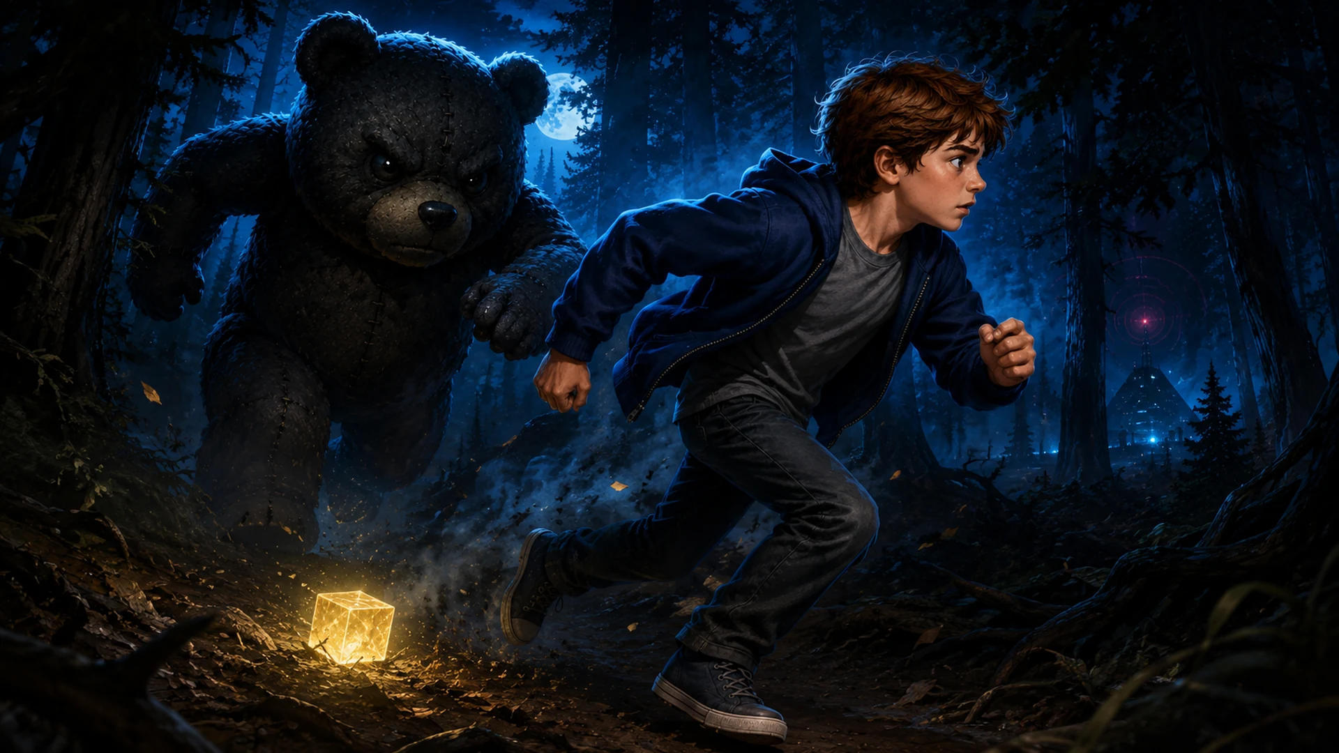 Fourteen-year-old Tim runs through a moonlit forest while a stitched Bear chases him past a glowing yellow cube in the free Stuffed Creatures: Forest Runner game