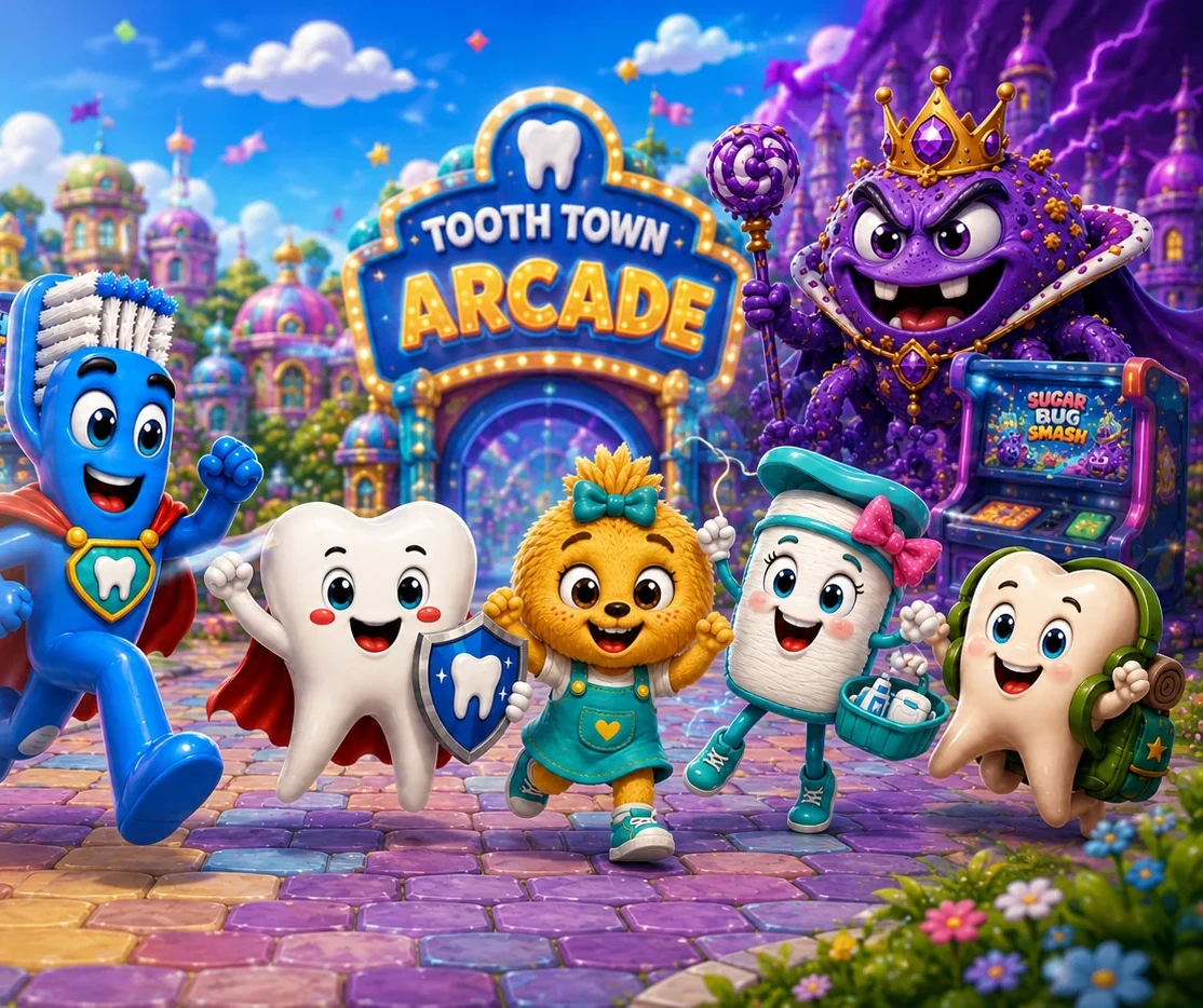 Colorful Tooth Town arcade characters ready for games