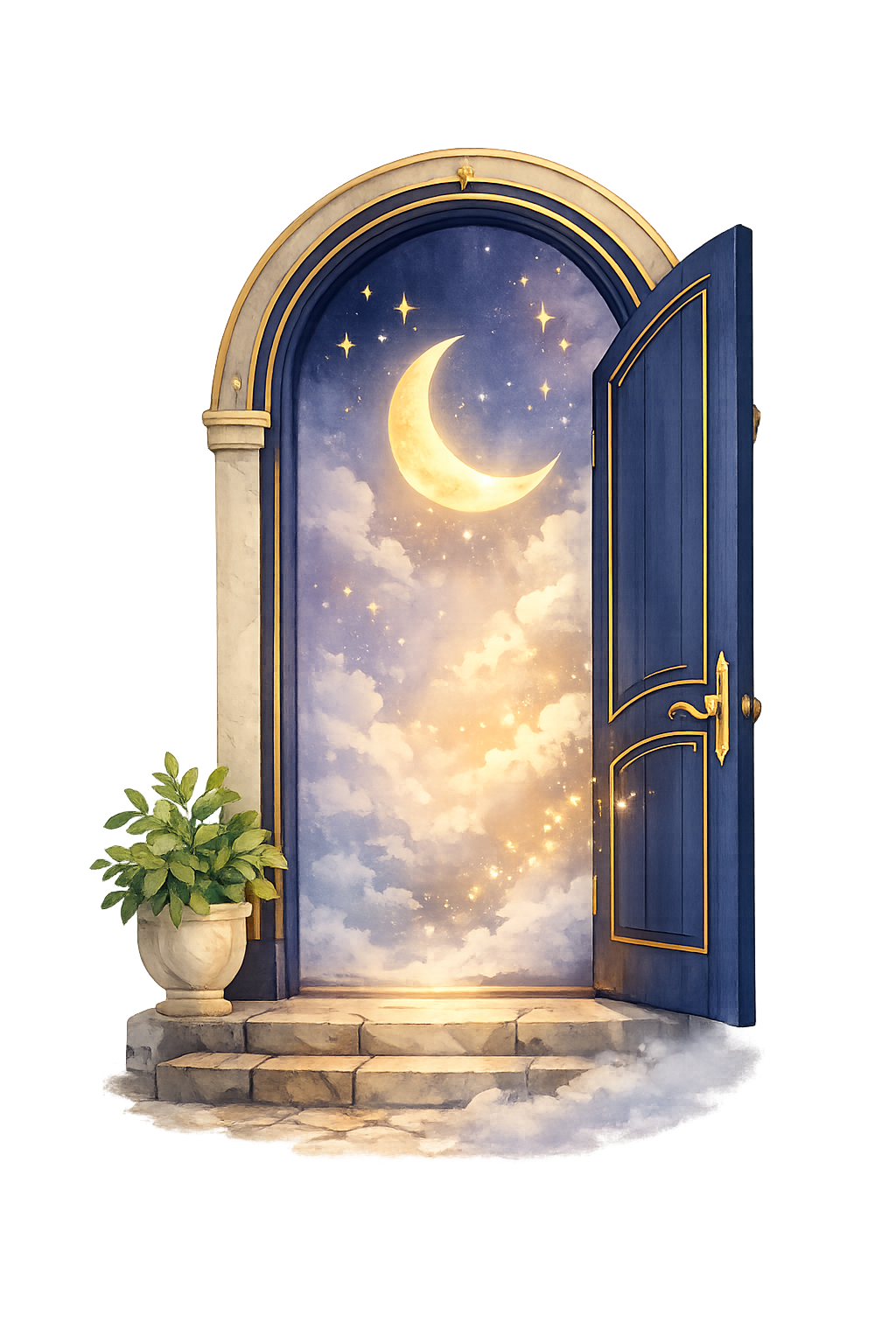 Open storybook doorway leading to a moonlit world