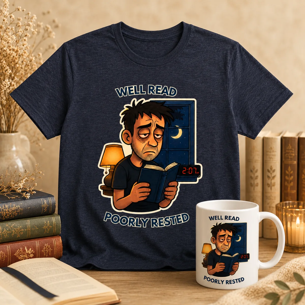 Well Read, Poorly Rested shirt and matching mug