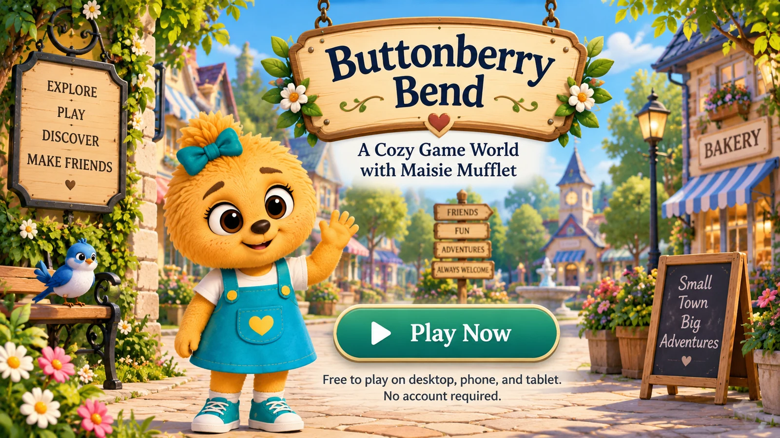 Buttonberry Bend game artwork with Maisie in the flower-filled town