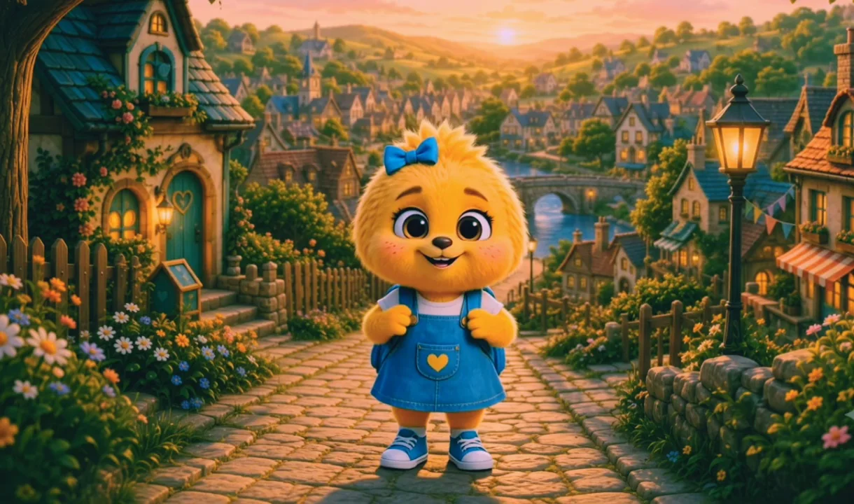 Maisie standing on a warm village path in Buttonberry Bend