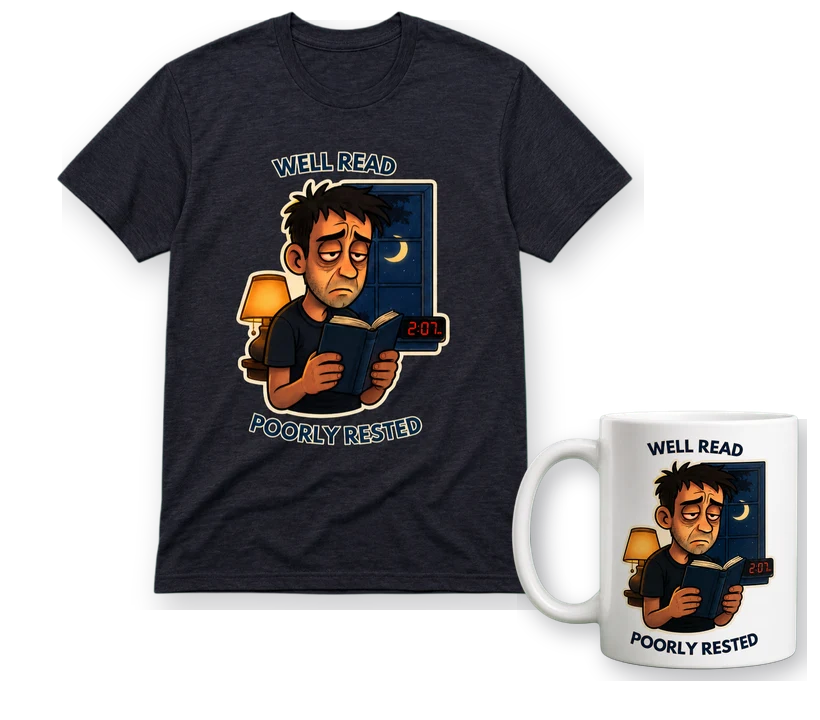 Well Read, Poorly Rested shirt and matching mug