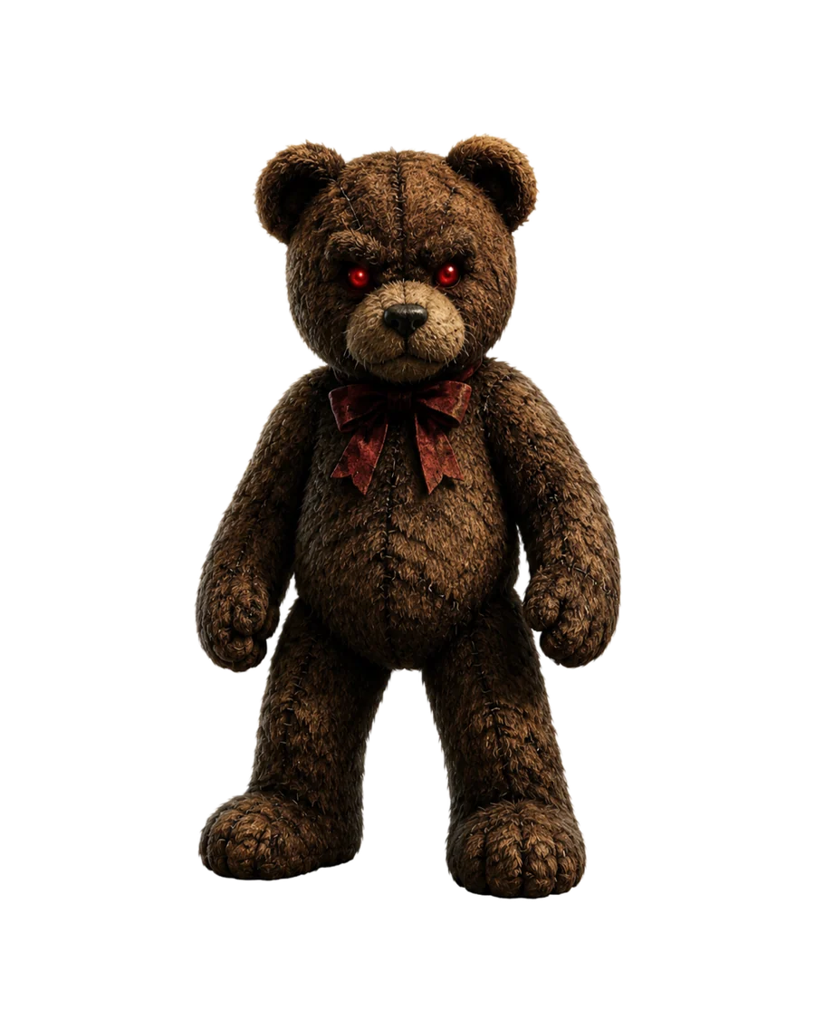 A worn brown stuffed bear with red eyes
