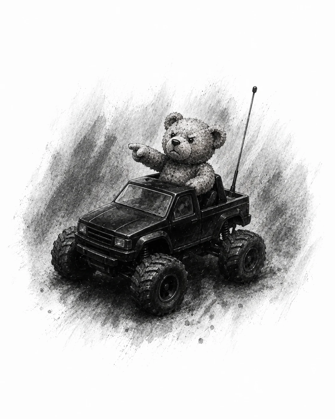 Pencil sketch of Bear driving a remote-control truck