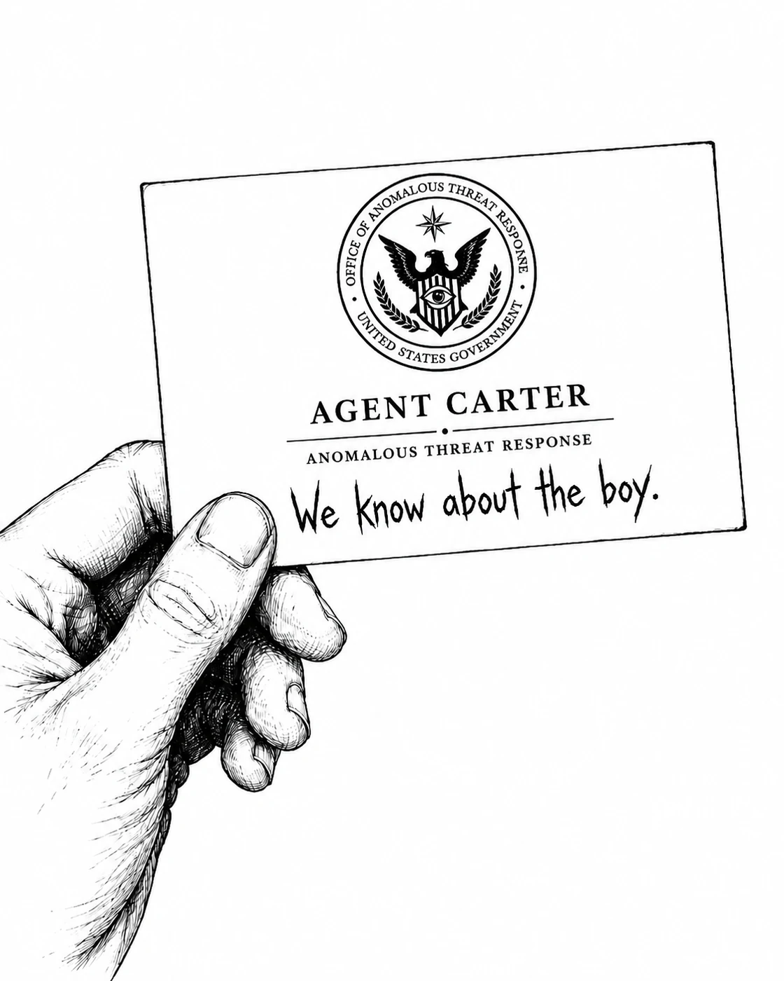 Handwritten warning on the back of Agent Carter’s card: We know about the boy