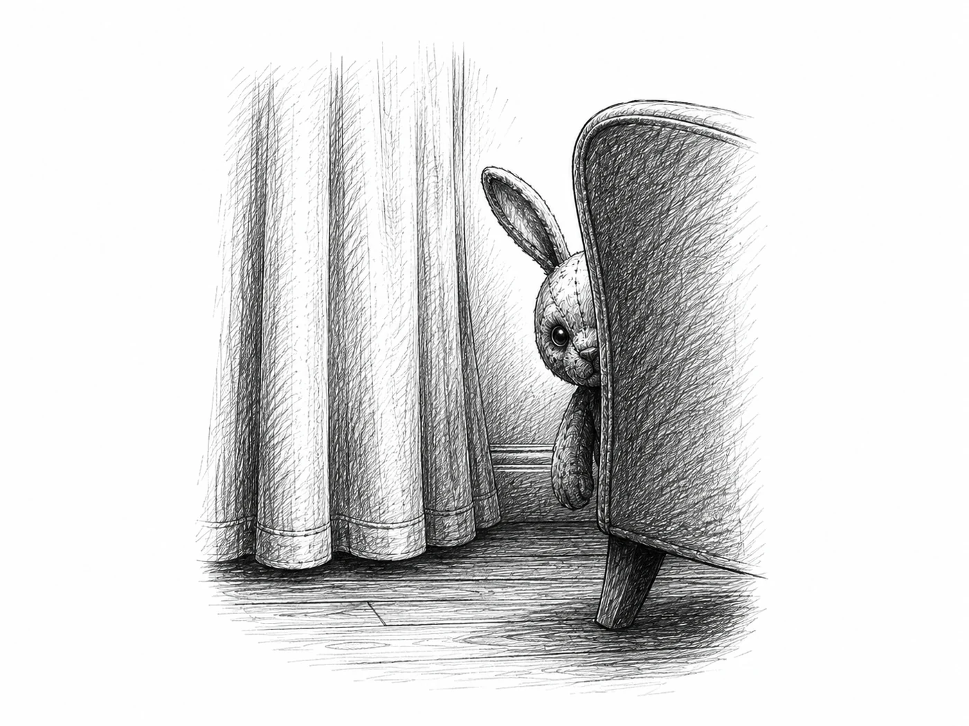 Pencil sketch of Rabbit watching from behind a chair