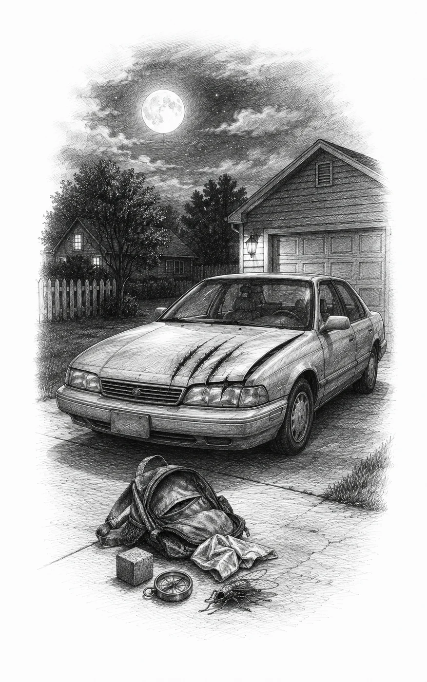 Pencil evidence sketch of a car, backpack, cube, compass, and objects at a recovery site