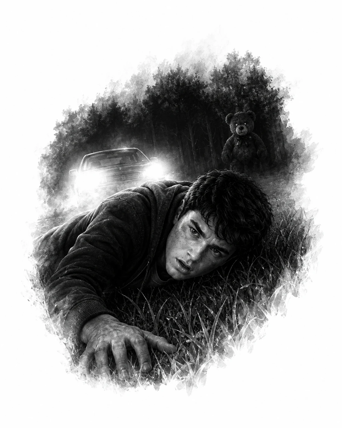 Artist reconstruction of Tim in the grass with headlights and a watching bear