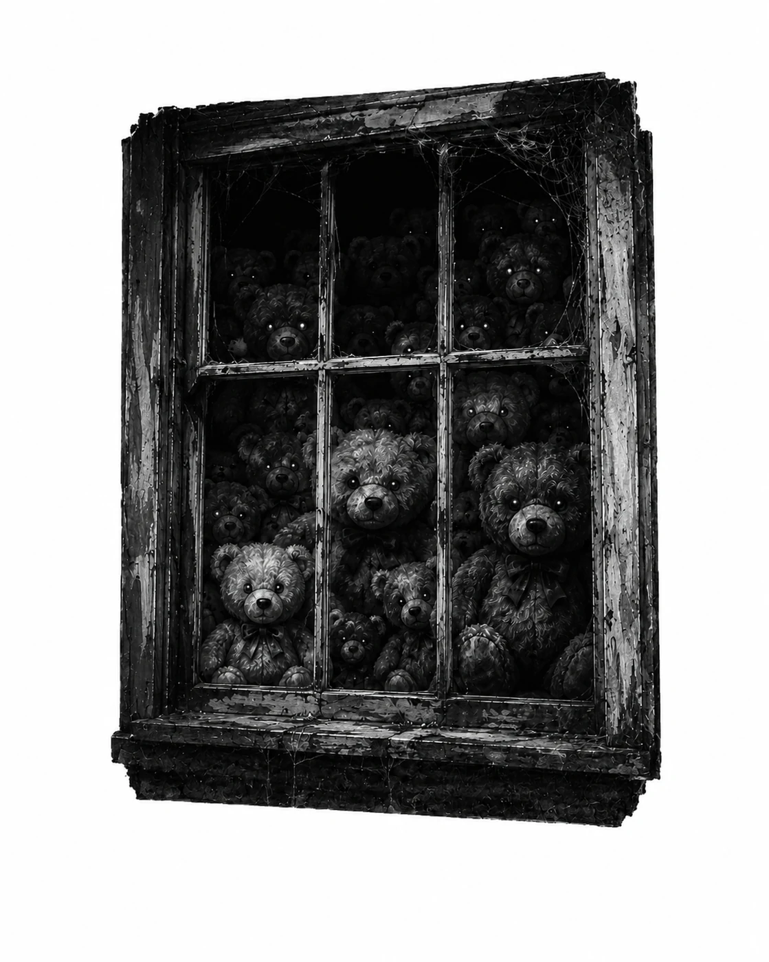 Pencil sketch of multiple bears watching through a dark window