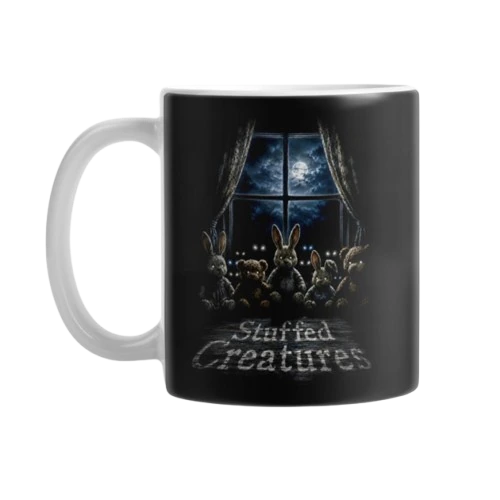 Black Stuffed Creatures mug featuring rabbits watching through a moonlit window