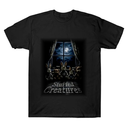 Black Stuffed Creatures T-shirt featuring rabbits watching through a moonlit window