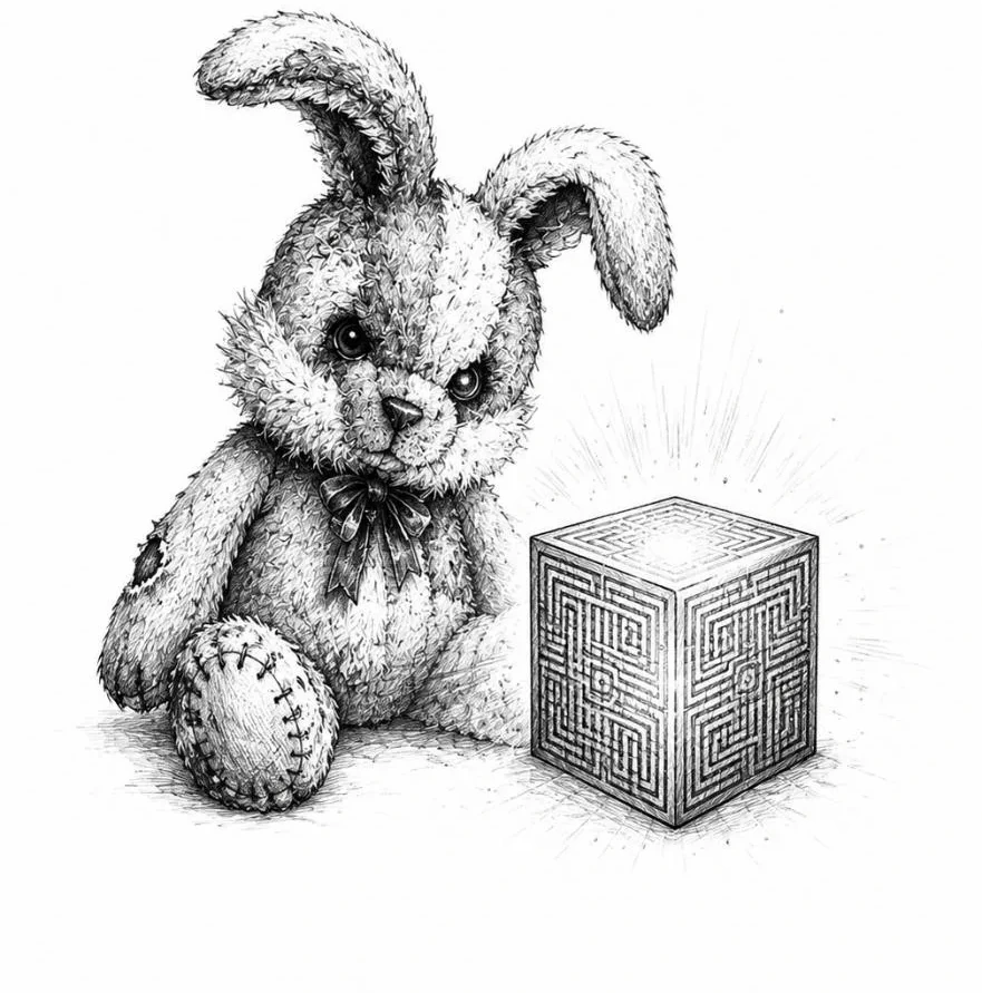 Pencil-style case sketch of Rabbit and the yellow cube