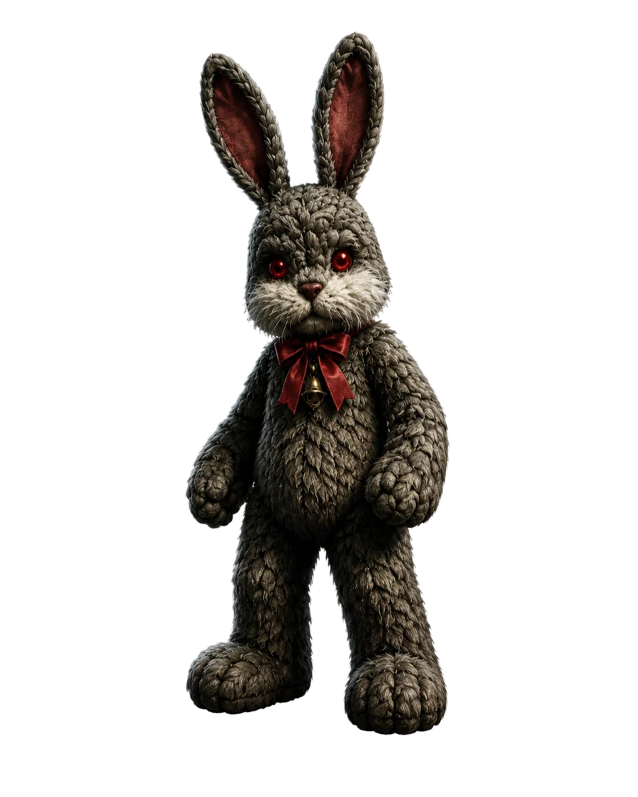 A worn gray stuffed rabbit with red eyes