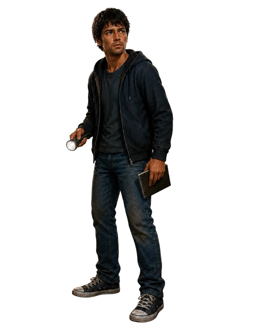 Present-day Steven holding a flashlight and notebook