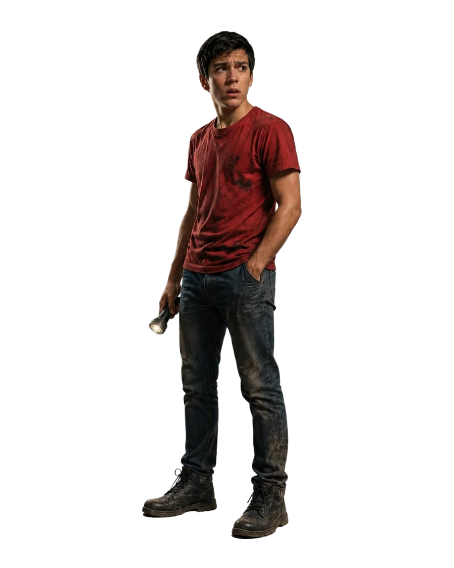 Tim at age fourteen wearing a red shirt and holding a flashlight